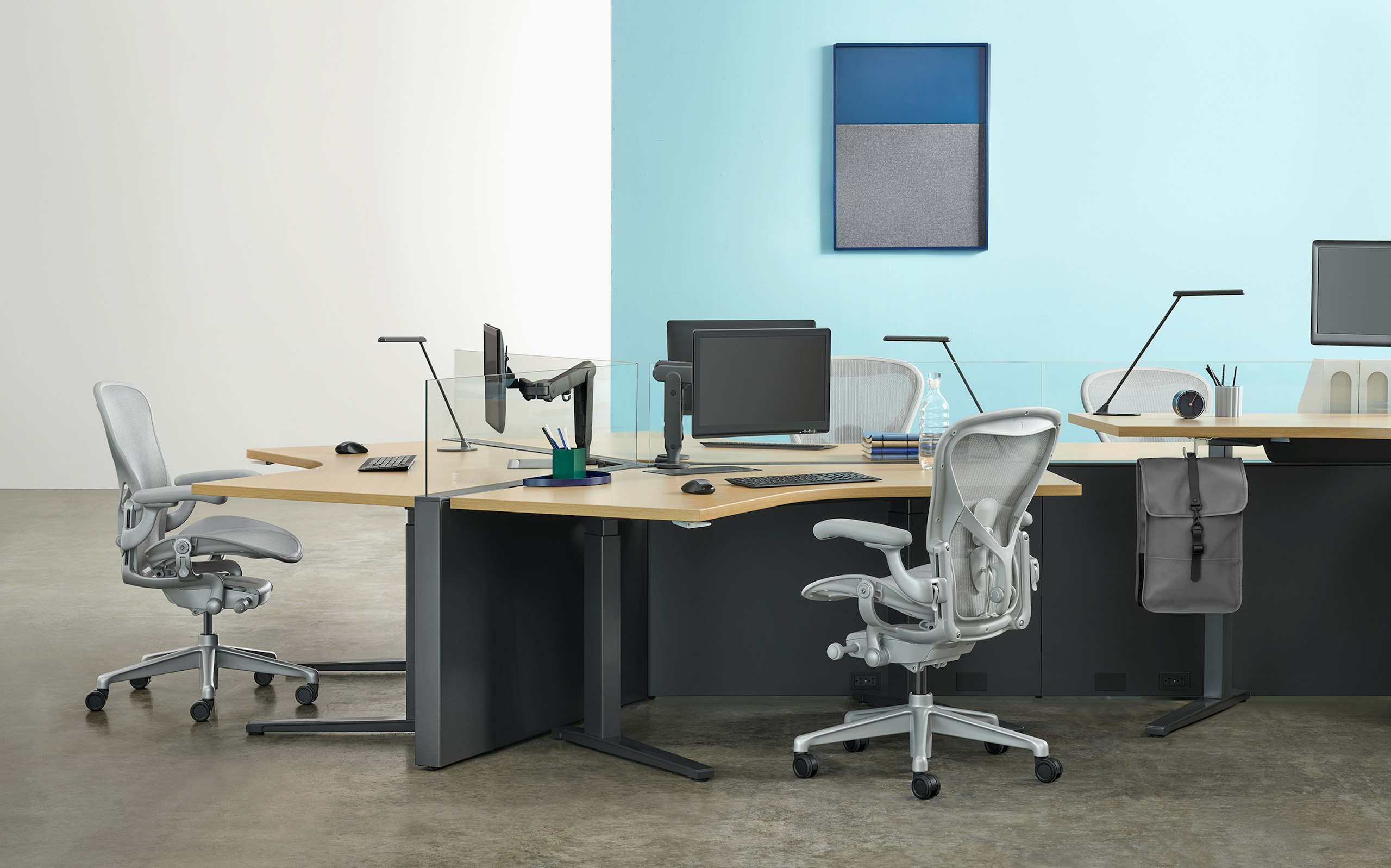 Workstations created with a 120-degree configuration of Canvas Channel, Renew Sit-to-Stand tables, and light gray Aeron chairs