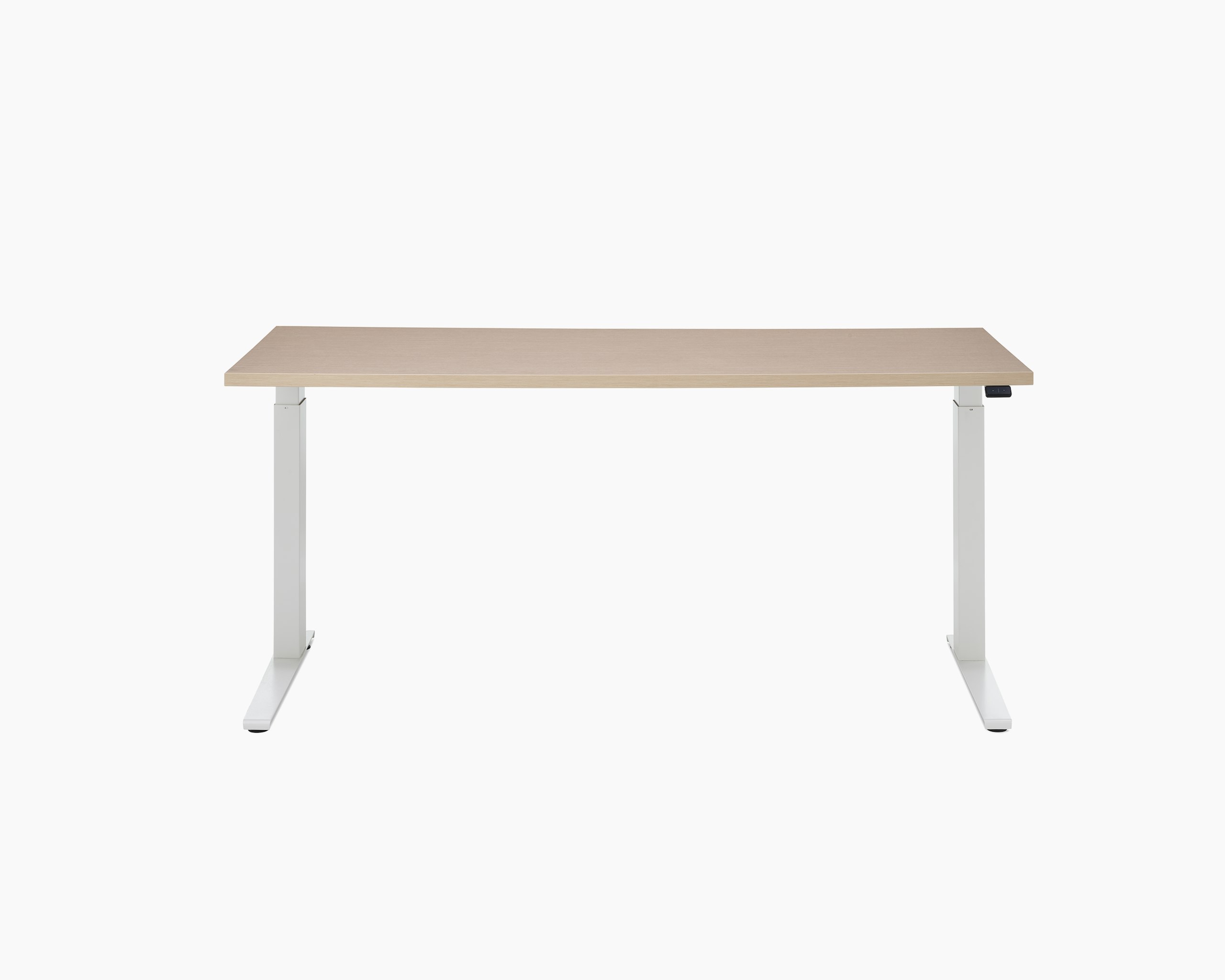 Height-adjustable table with white base, clear on ash surface and a Simple Touch Switch.