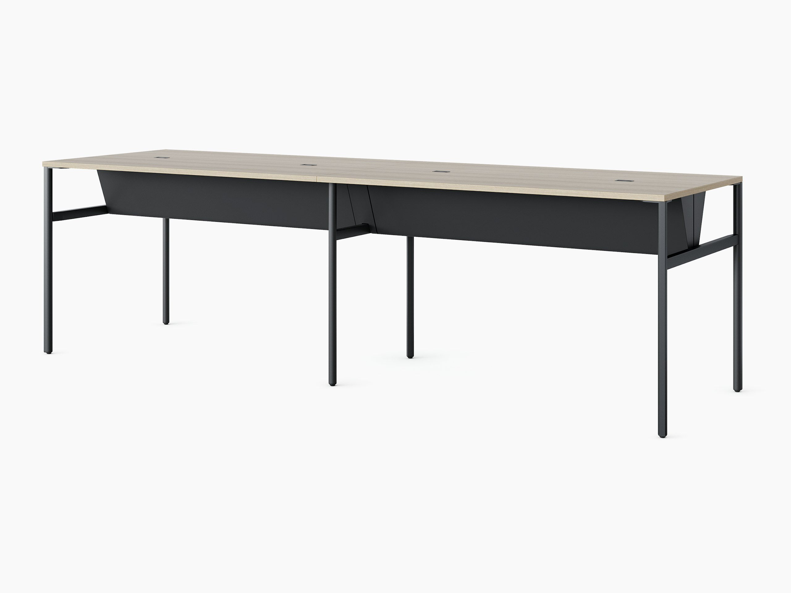 A black double sided OE1 Communal Table with light brown surface, viewed from a front angle.