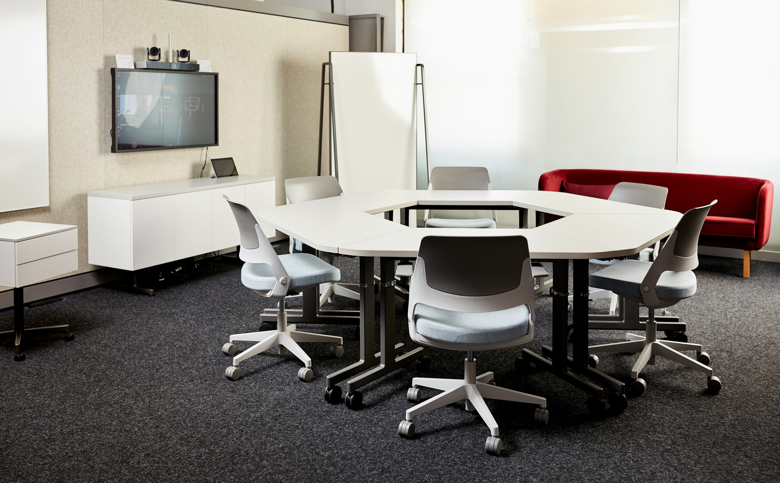 neocon 2018 hospitality at work pixel trapezoid table ollo light task chair collaborative space flexibility pixel credenza